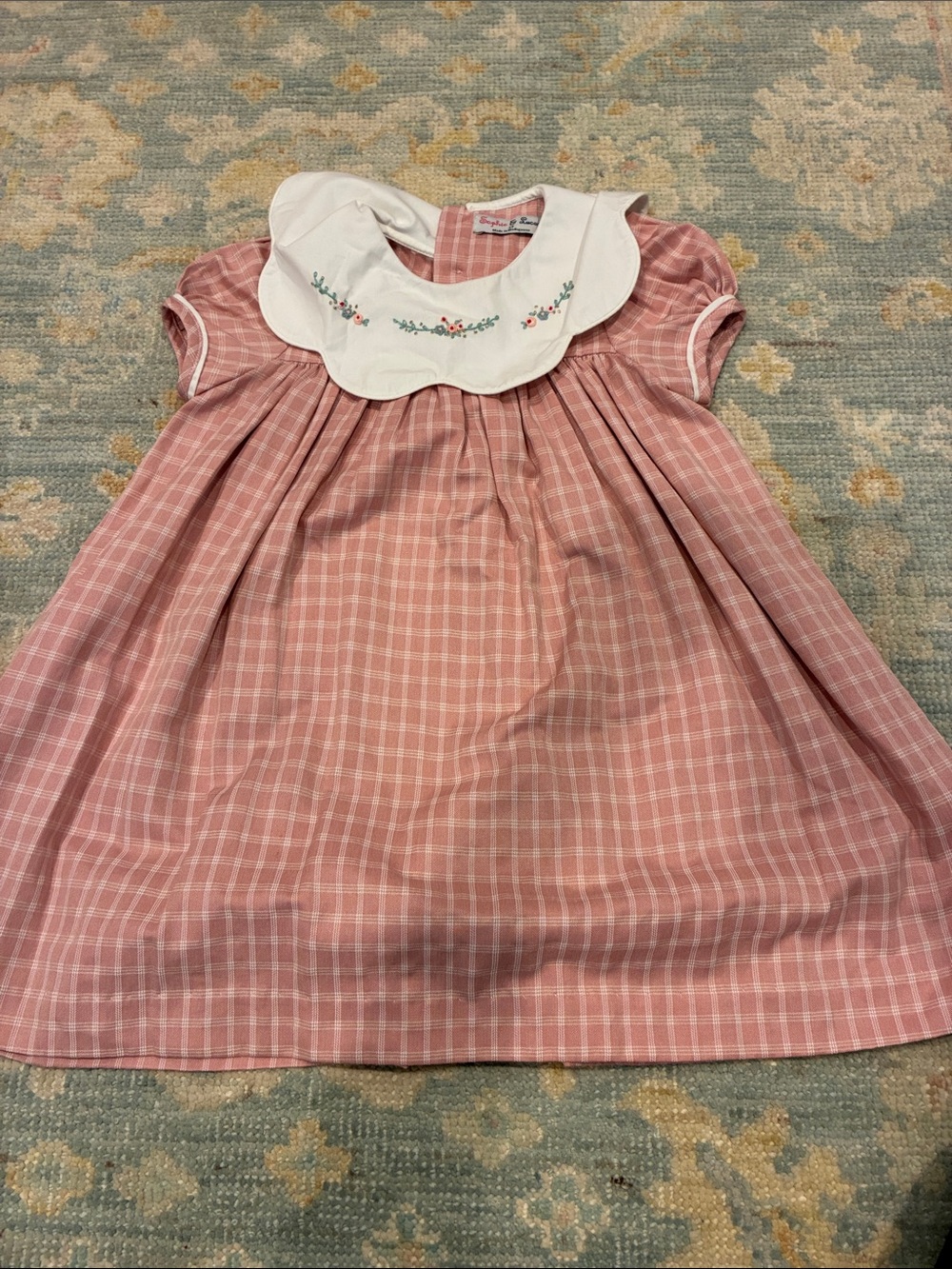 Girls Pink Plaid Dress with Embroidered White Collar